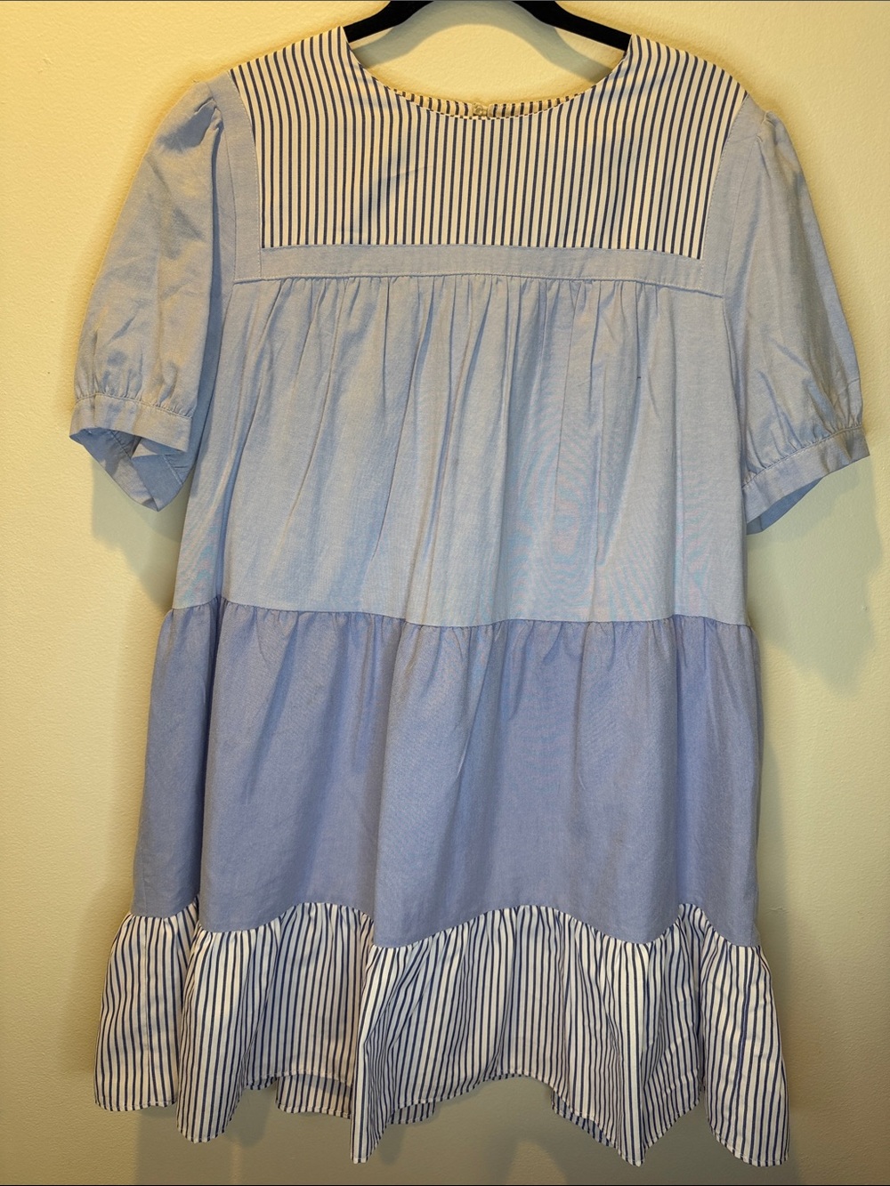 Pomander Place Light Blue Tiered Dress with Navy Stripe Yoke